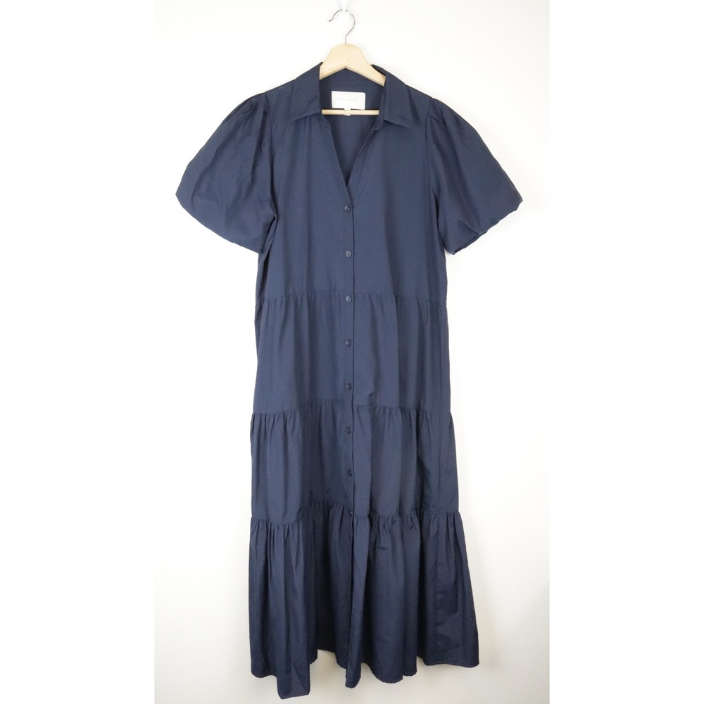 Brochu Walker The Havana Dress Puff Sleeve Tiered Poplin Midi Dress Large Navy - Picture 2 of 10